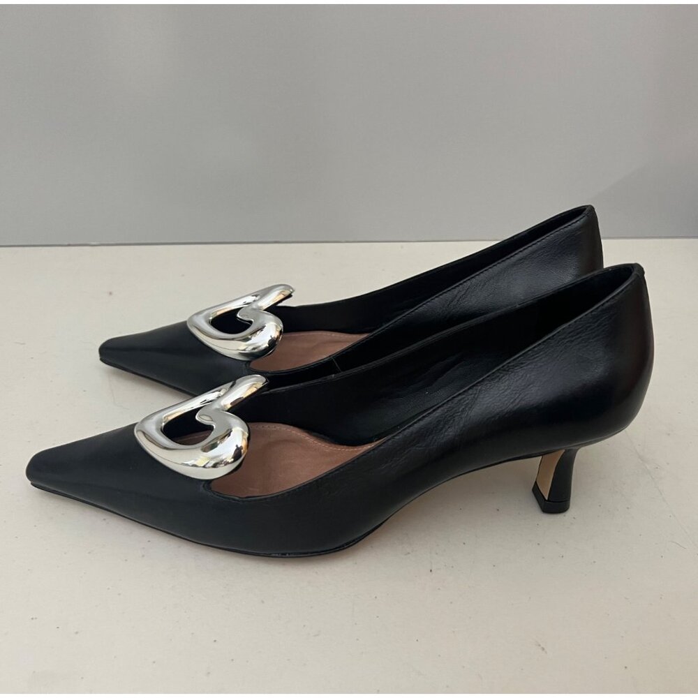 Anthropologie Maeve Black Leather Heart Kitten Heel Pumps Size 38 - Picture 3 of 7